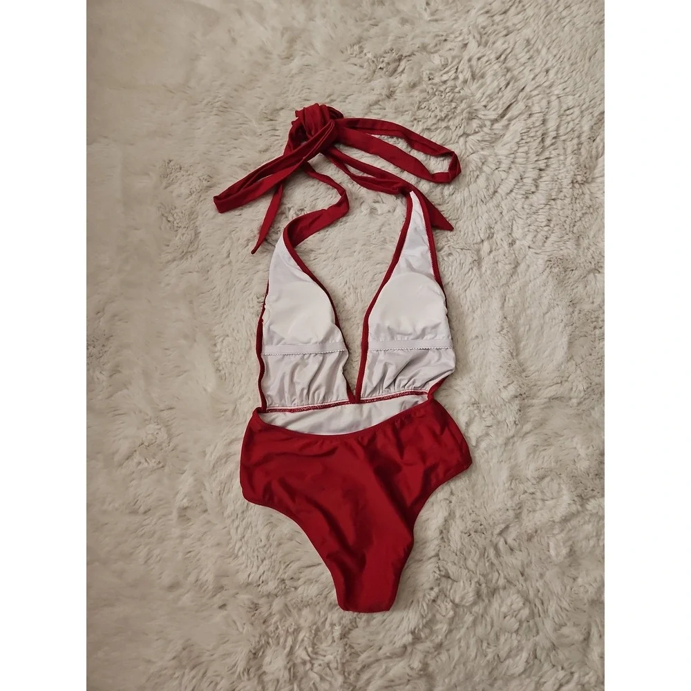 CUPSHE Maroon Red Plunge V-Neck Halter One-Piece Swimsuit Size Small S